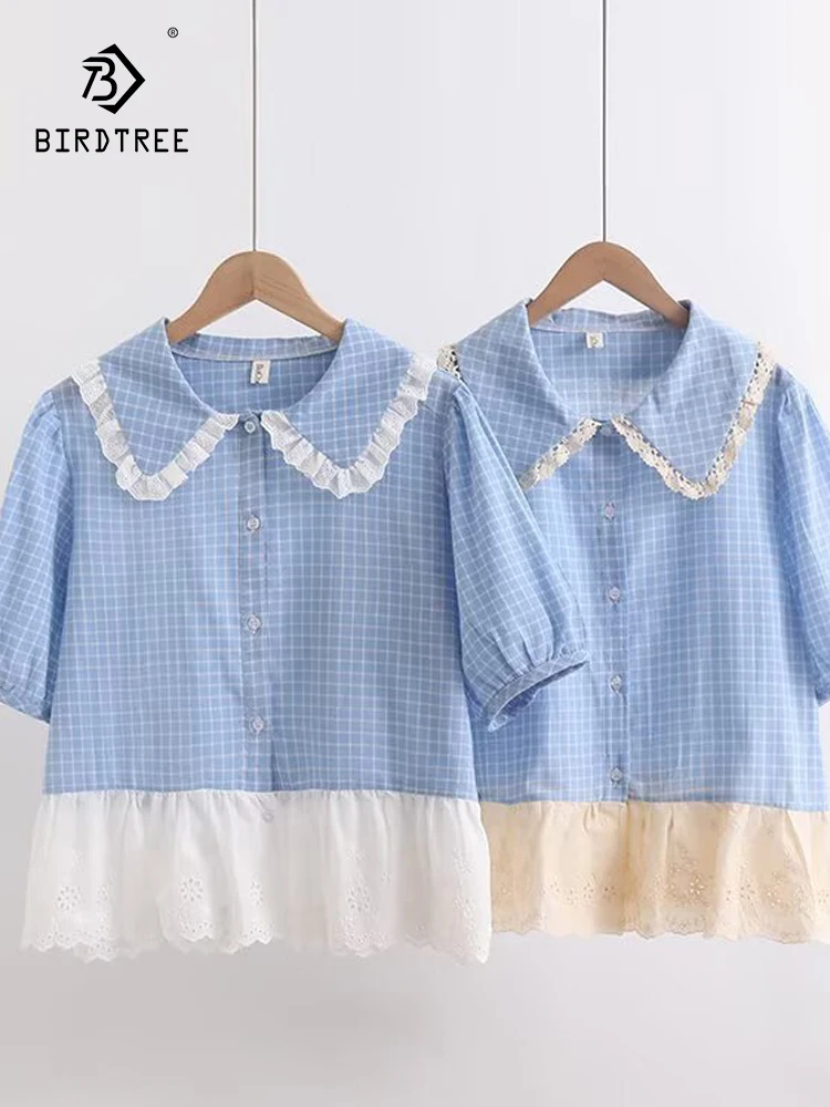 

Новая осенняя хлопковая рубашка с коротким рукавом 2025, женская клетчатая кружевная рубашка с отложным воротником, свободная блузка Mori Girl French Sweet OL T570107CC