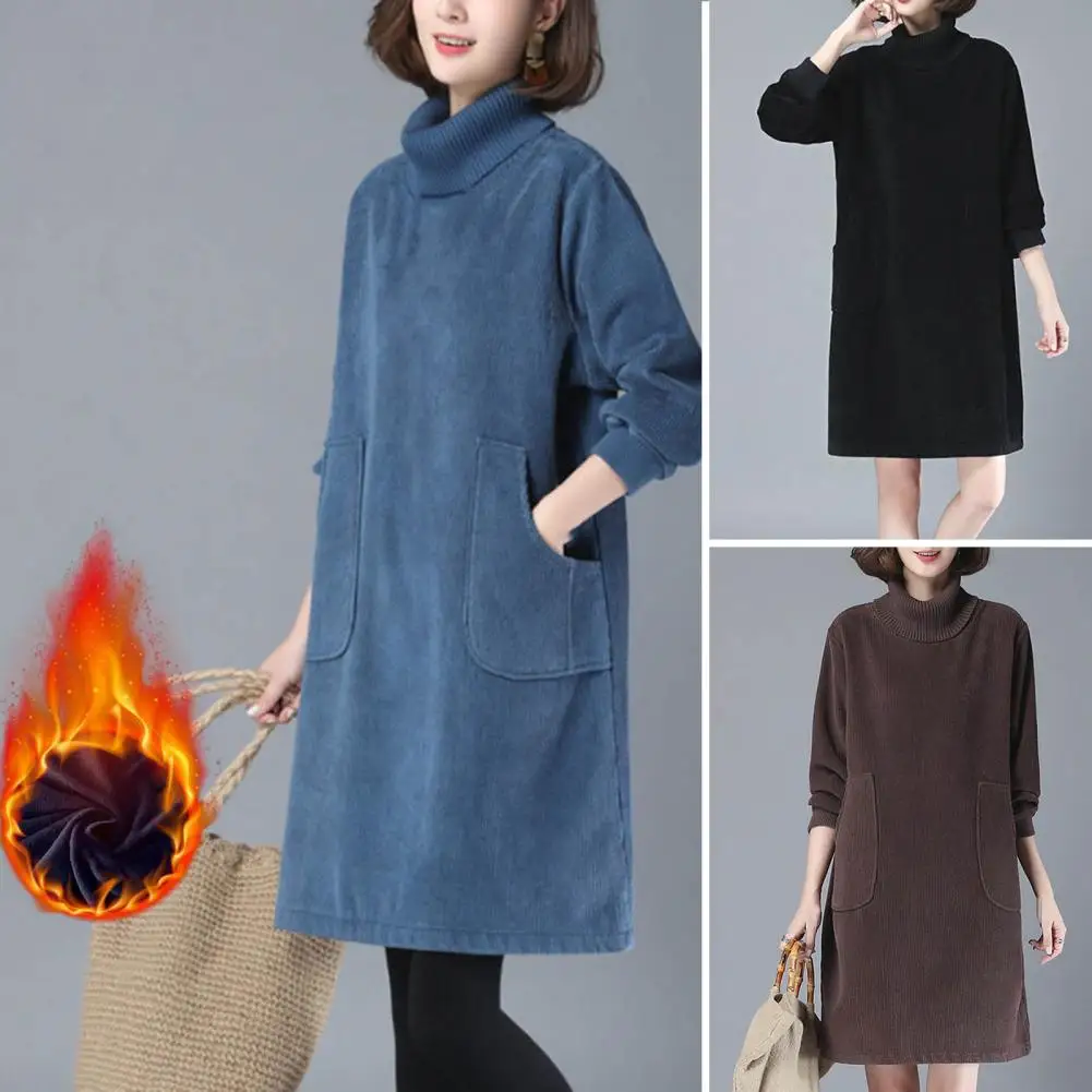 Short Dress Retro Style Turtleneck Long Sleeves Plus Size Corduroy Coldproof Solid Autumn Winter Warm Women Dress Streetwear