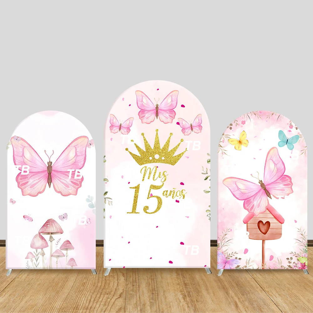 

Mis 15 Anos Arch Backdrop Cover Pink Butterfly & Crown Theme Party Decor Photo Booth Background Quinceanera Celebration Supplies