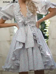 2022 Princess Lavender Floral Print Ball Gown Dress Spliced Wood ears Front Puff Sleeve Women Swing Mini Fairy Cake Robe Vestido