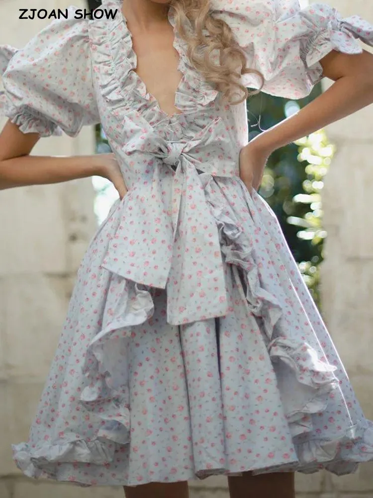 2022 Princess Lavender Floral Print Ball Gown Dress Spliced Wood ears Front Puff Sleeve Women Swing Mini Fairy Cake Robe Vestido