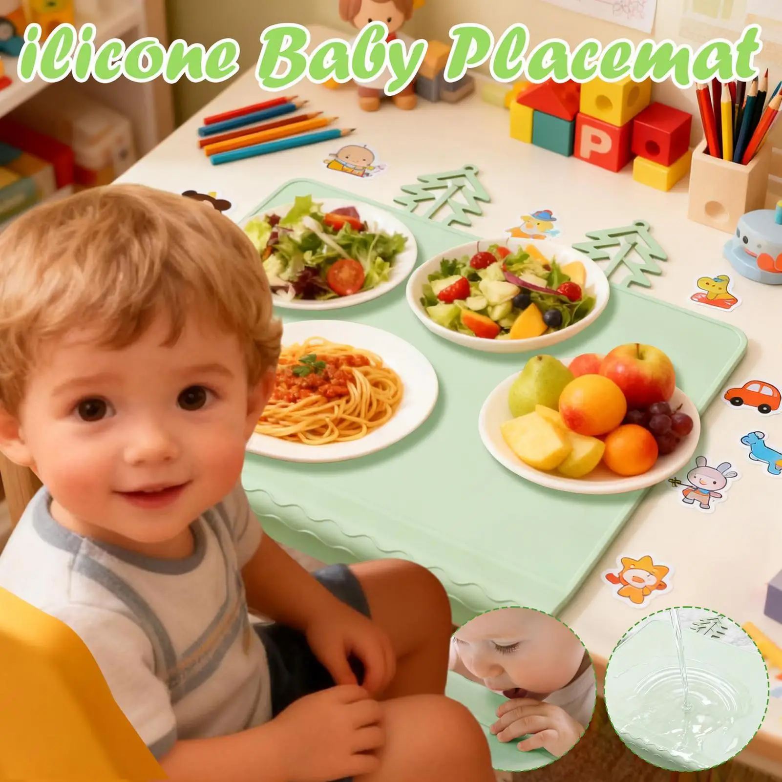 Baby Placemat Non-Slip Placemat Silicone Baby Eating Mat With Anti-Collision Edge For Kids Table Food Eating Dining Feeding