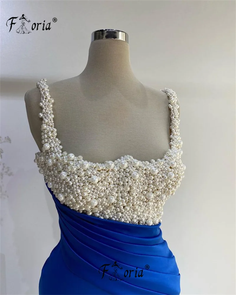 Spaghetti Strap White Pearls Beaded Evening Formal Dress Side Slit Mermaid Prom Dresses Custom Made Blue Long Cocktail Dress