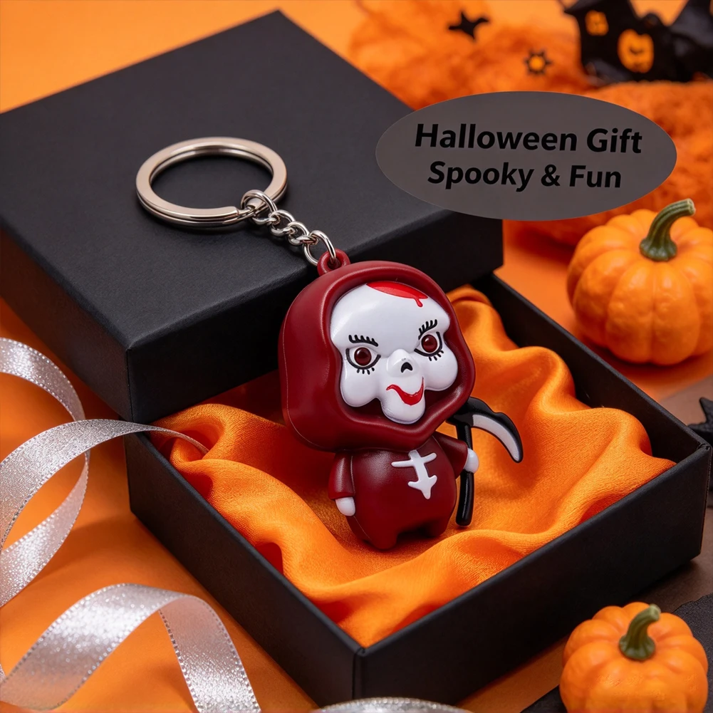 Halloween Red Robe Grim Reaper Keychain Red Light Eye & Ghost Laugh Sound Cute Skull Bag Charm Trick Or Treat Favor Holiday Gift