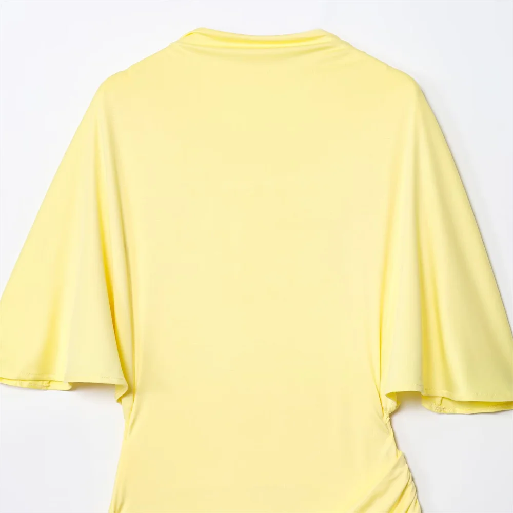 Novo vestido feminino elegante e sexy com decoração em camadas sem costas e manga curta com fenda lateral vestido MIDI