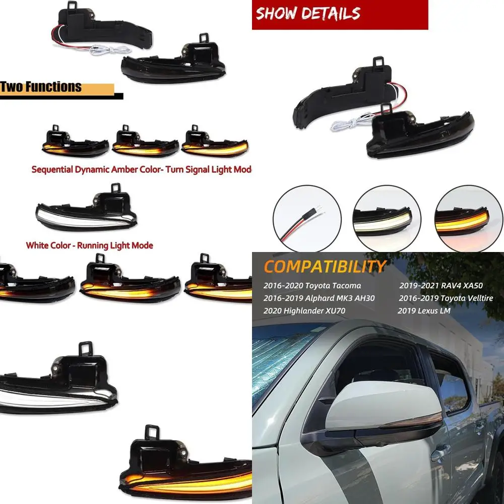 

Последовательные светодиодные указатели поворота для Tacoma 2016-2021, 2019-2022 RAV4, 2020-2022 Highlander с белыми и янтарными поворотниками на боковых зеркалах