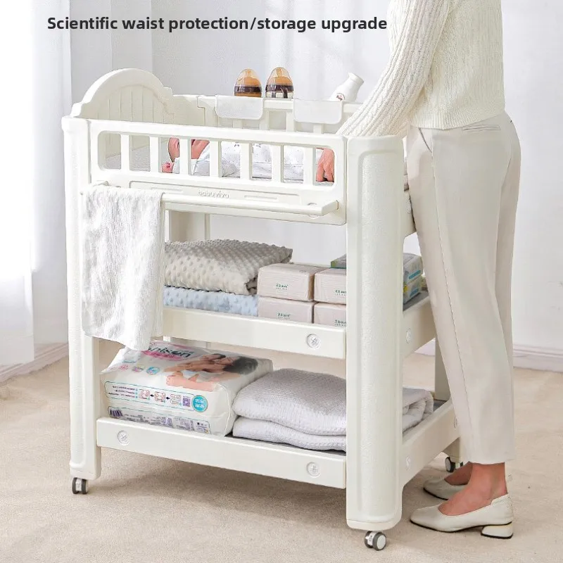 Picture 6: Baby Diaper Changing Table & Bath Station, Movable Infant Care & Storage Cabinet, Two-Layer Organization with Soft-Cushion Top