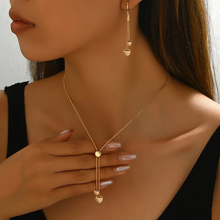 Ladies 2-Piece Set Fashion Adjustable Chain Pendant Necklace Earrings Snake Bone Thin Chain Heart Shaped Pendant Jewelry Set