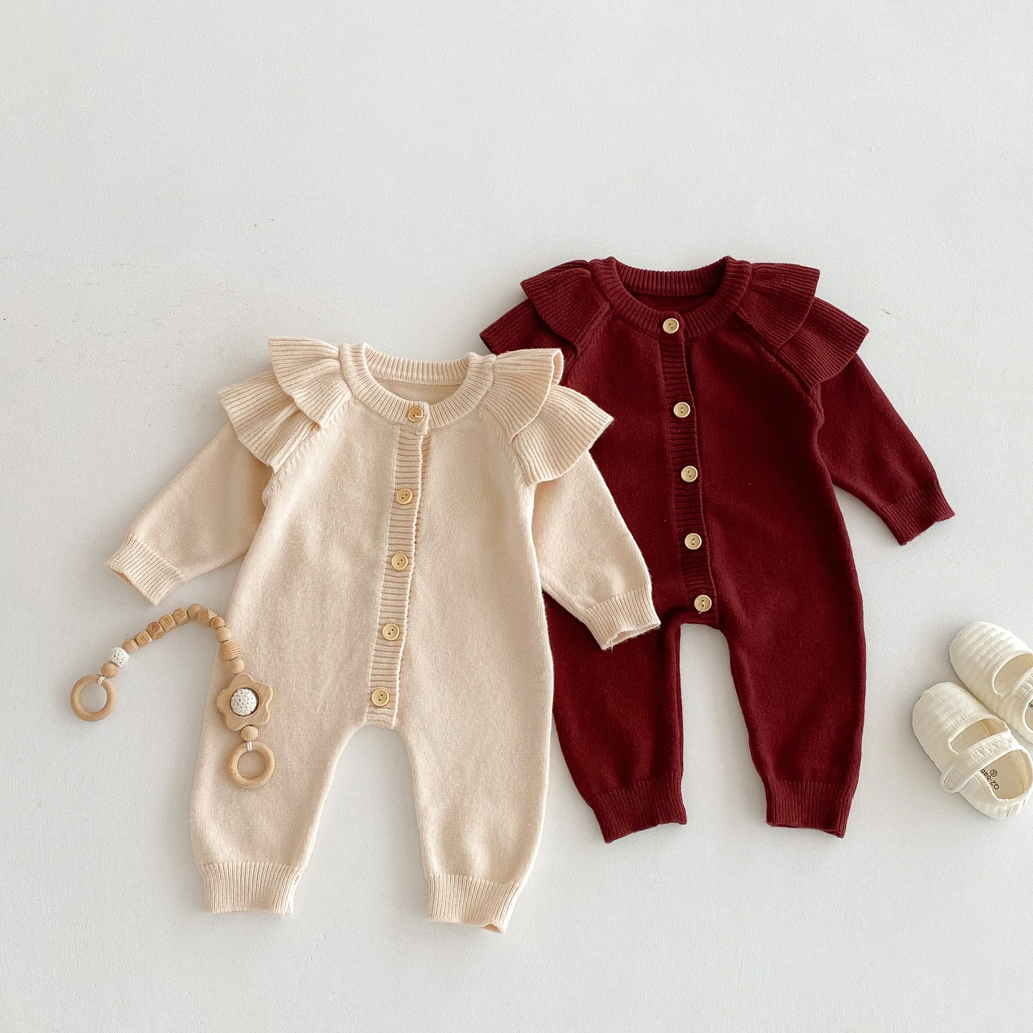 INS baby Autumn Outfit Knit Jumpsuit, Sweater with Flutter Sleeves, Crawl Suit for Newborns