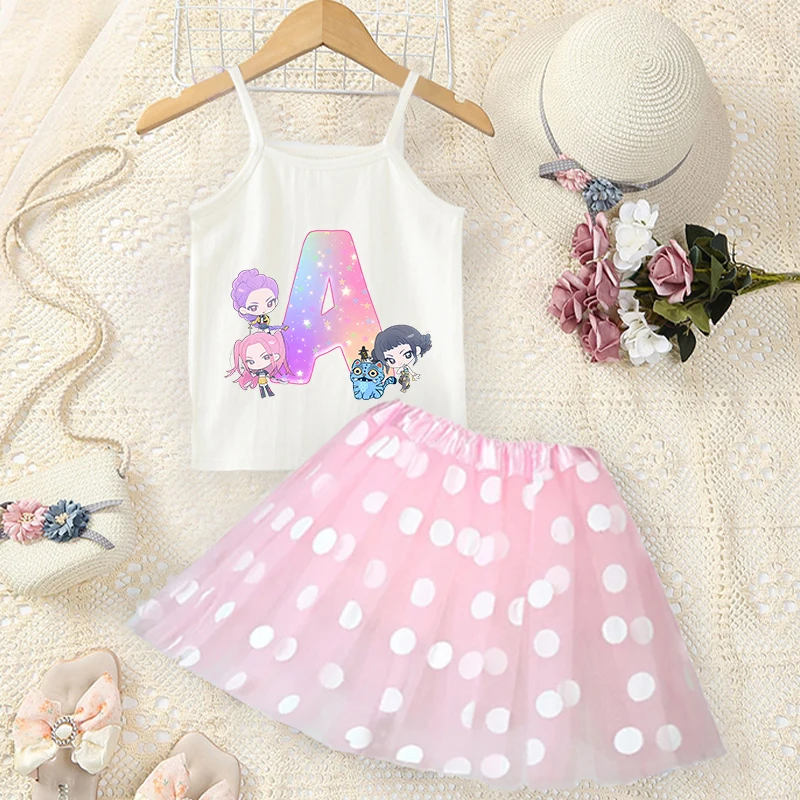 

Kpop Demon Hunters Halter Polka Dot Skirt Set Summer Kids Letter Printed Tees Cute Dress Girls Outfits Fashion Tops Short Skirts