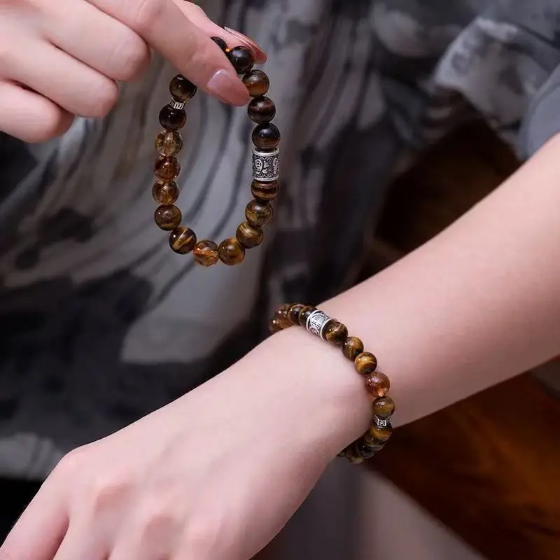 Chinese Style Lucky Feng Shui Natural Tiger Eye Stone S925 Silver Yellow Rutilated Quartz Couple Beaded Bracelet Wealth Blessing
