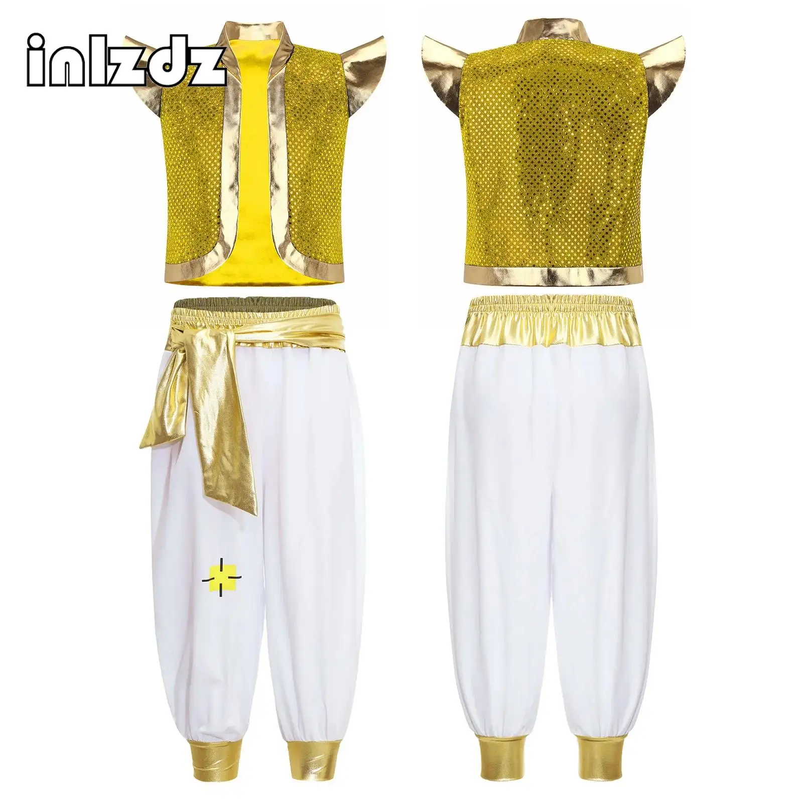 

Boys Arabian Costume Halloween Arabian Prince Cosplay Outfit Metallic Shiny Sequins Vest Pants Suit for Festival Performance