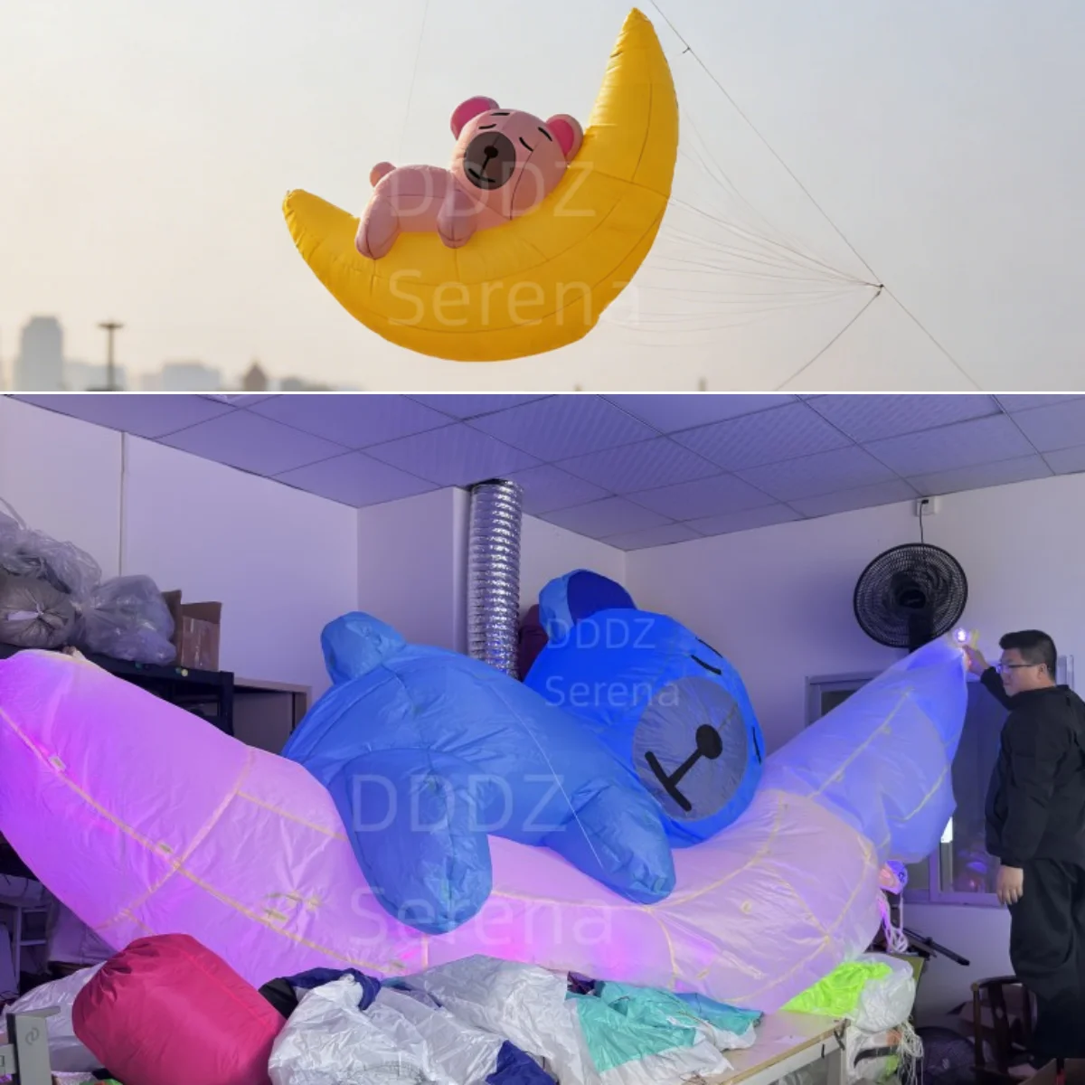 DDDZ 4M LED Bär-Mond-Linien-Luftschlepp, weicher aufblasbarer Teddybär-Luftschlepp mit Schwanzdekoration, 40D Ripstop-Nylon für Nachtshows & Drachenfliegen