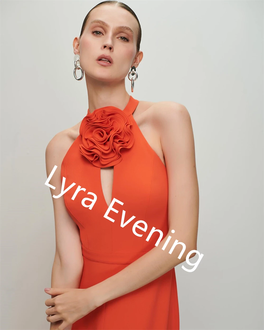 Customized Classic Orange Jersey Evening Dress Halter Party Dress Temperament  Flowers Special Occasion Gowns Delicate  Soft
