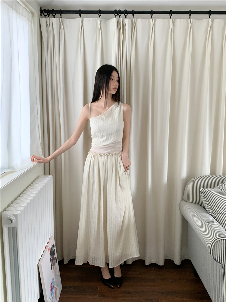 CHEERART One Shoulder Beige Long Dresses 2024 Women Summer Patchwork Ruched A Line Solid Dress Designer Fashion Clothes