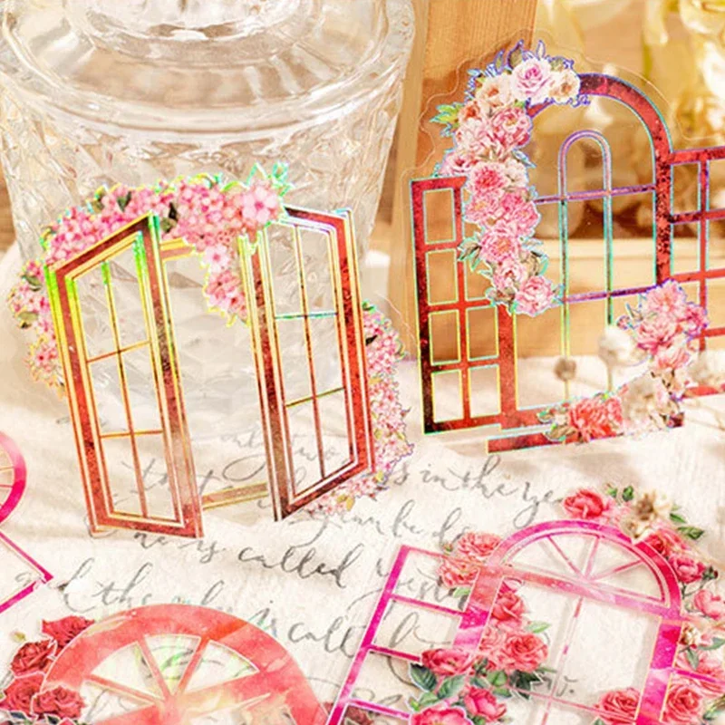 10Sheets Rose Decorative Supplies Scrapbooking Cut Rectangle Twist Manual Stickers Flowers Windowsill Laser Account 148*80MM