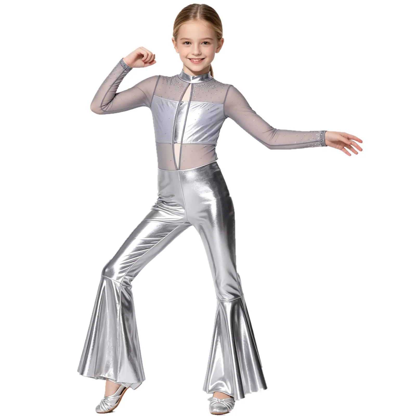 Teen Girls Metallic Shiny 70s Disco Jazz Dance Flared Jumpsuit Long Sleeve Rhinestone Sheer Mesh Bodysuit for Stage Performance