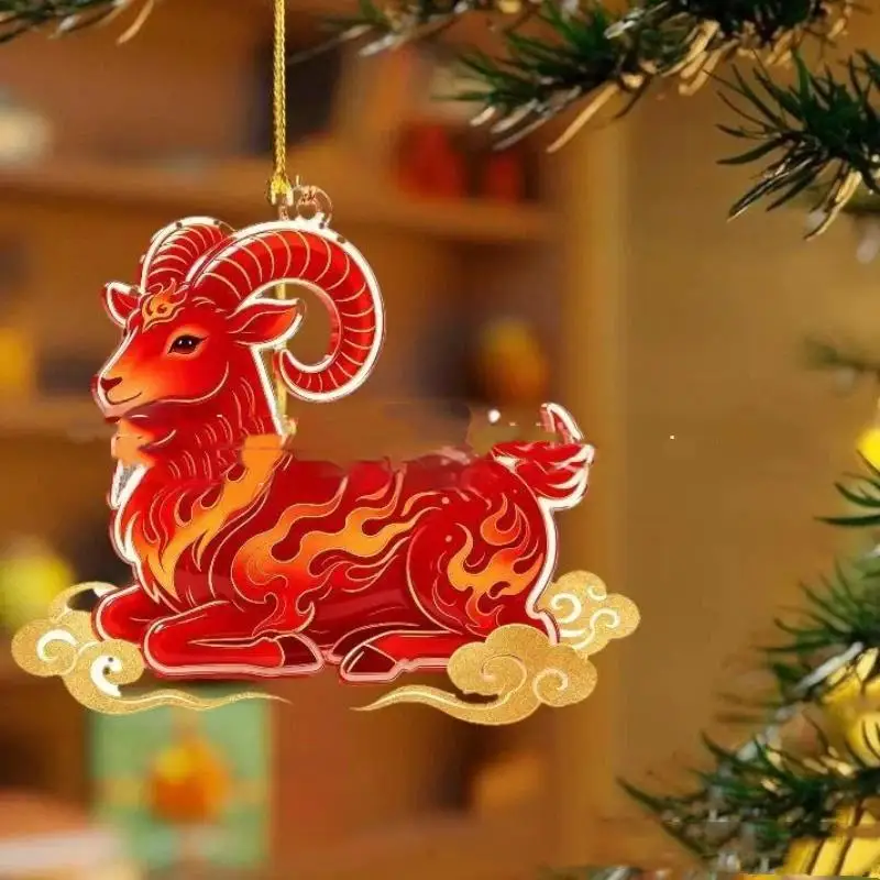 Acrylic Chinese Zodiac Goat Hanging Ornament Auspicious Red Gold Design For Spring Festival New Year Home Decoration