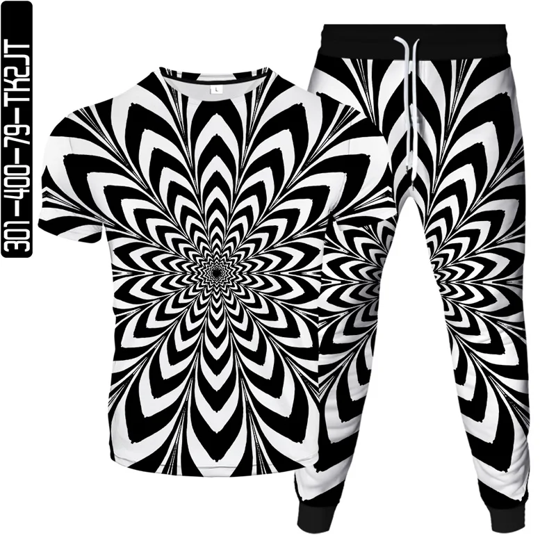 

Men Women Tracksuit T-Shirt+Jogging Long Pants 2Pcs Sets Three-Dimensional Tunnel Graphic 0 1 Vortex Printed Clothing Suit S-6XL