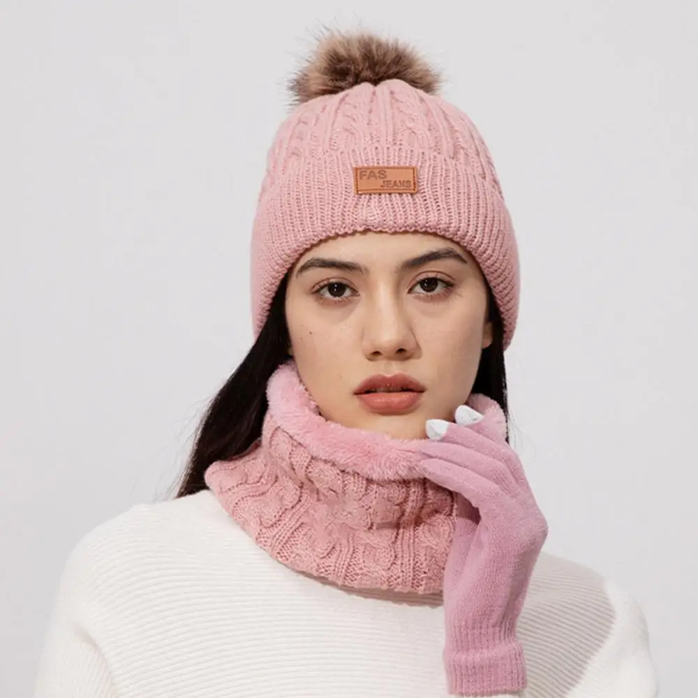 أزياء الشتاء المرأة بيني وشاح قفازات مجموعة سميكة قبعة صغيرة متماسكة قبعة مع بوم الطقس البارد الدافئة لمس قفازات