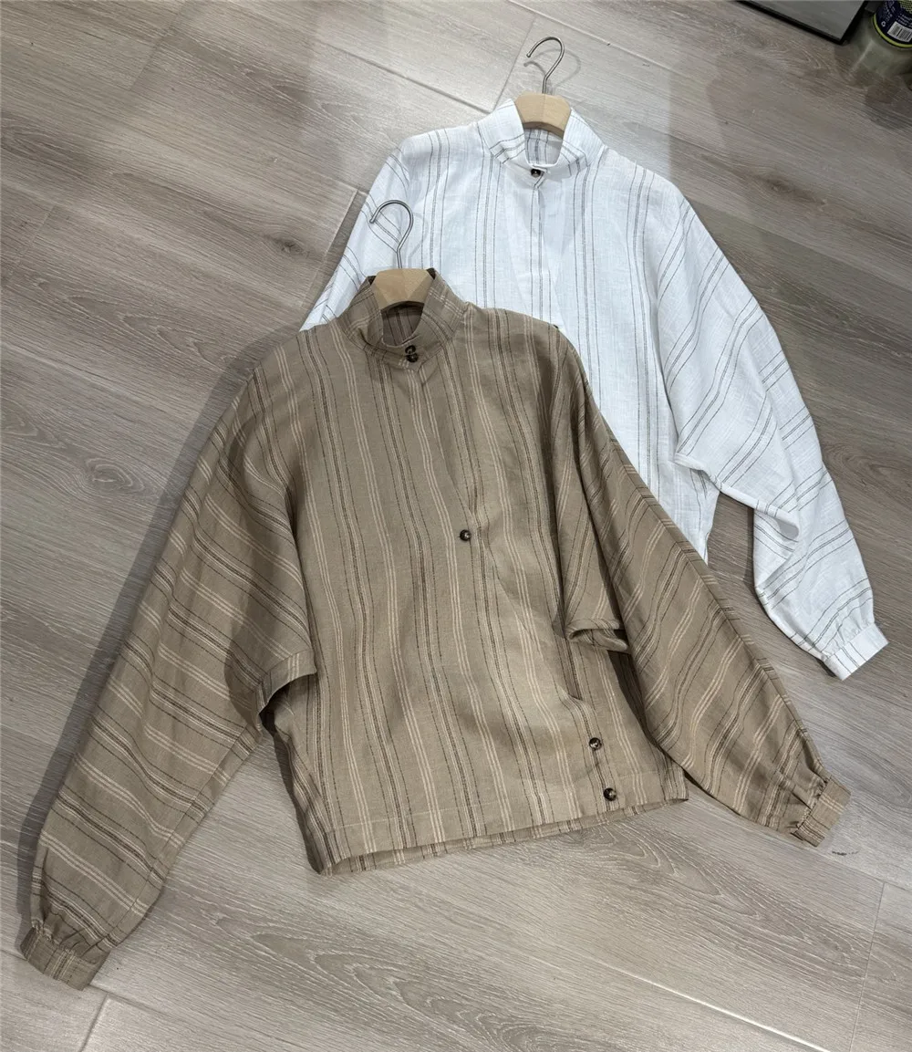 

Women's Linen Casual Versatile Long Sleeve Shirt Early Autumn New Stand-up Collar Striped Blouse Tops