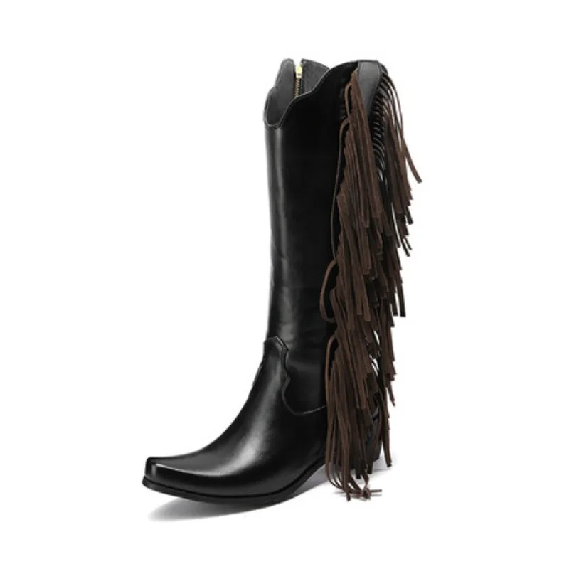 

Women's Knee High Boots Fashion Fringe Winter Shoes Black Red Heeled Long Boot Ladies Party Shoes Large Size 43 New Designer