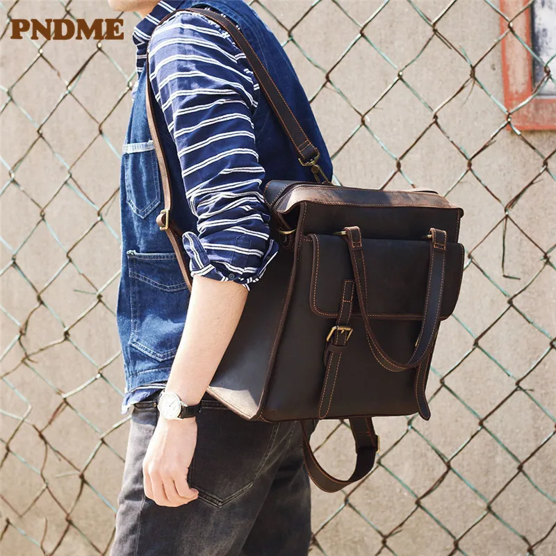 PNDME-Mochila de couro genuíno, couro de vaca Crazy Horse, maleta vintage masculina, bolsa multifuncional para viagens ao ar livre, mochila designer