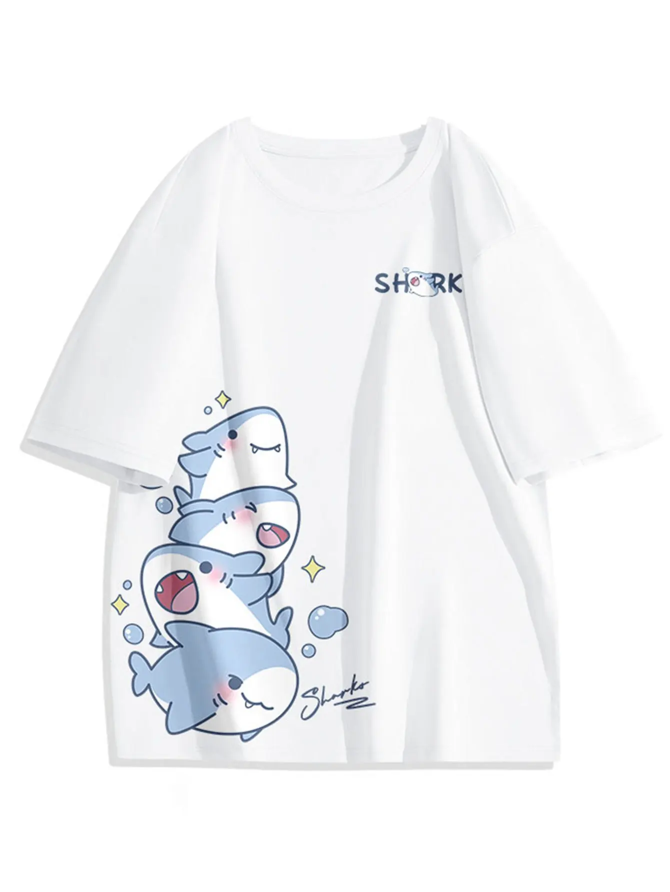Men's cute shark stacking print T-shirt, pure cotton soft breathable black casual summer short-sleeved shirt