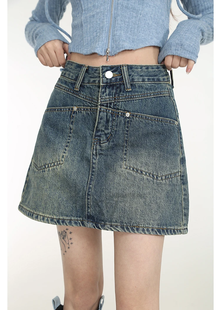 

A-line High Waist Retro Blue Women Denim Skirts 2000s Vintage Pockets Design Hot Girls Mini Skirt Y2K Club Streetwear Chic