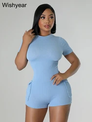 Casual Knit Ribbed One Pieces Playsuits Women Sexy O-neck Short Sleeve Backless Pockets  Stretch Skinny Short Jumpsuits Gymsuit