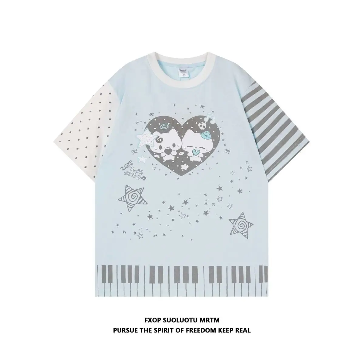 

Women Harajuku Y2K Aesthetics Cartoon Print Cute Casual T-Shirt Vintage Loose Tops Streetwear Stripes Patchwork Grunge Tshirts