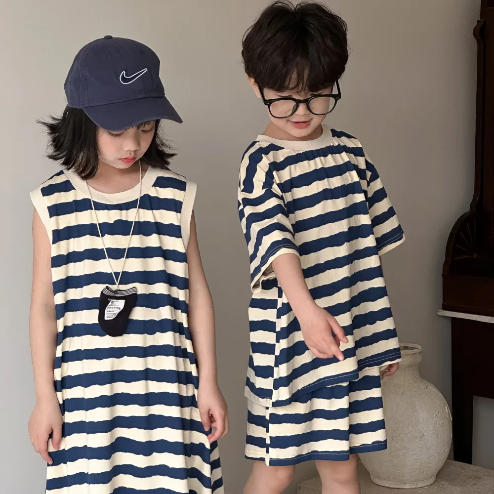 Twins Boy and Girl Clothes Sister Brother Matching Outfits Summer Little Girl Loose Dress Baby Boys Two Piece Sets Kids Clothing