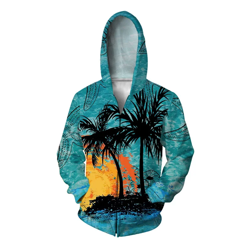 3D Printed Coconut Tree Hoodie For Men Character Wolf Graphic Sweatshirts Trendy Casual Comfortable Hooded Loose Zipper Pullover