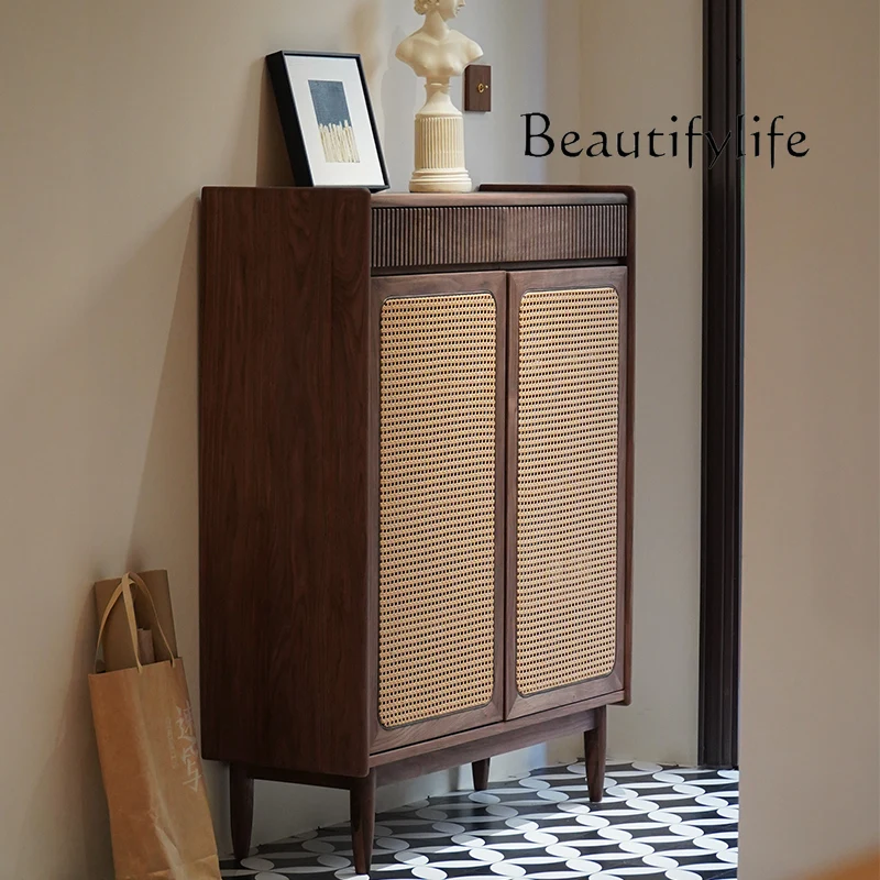 Nordic Rattan Shoe Cabinet Home Doorway Integrated Wall Solid Wood Entrance Entrance Cabinet Small Apartment