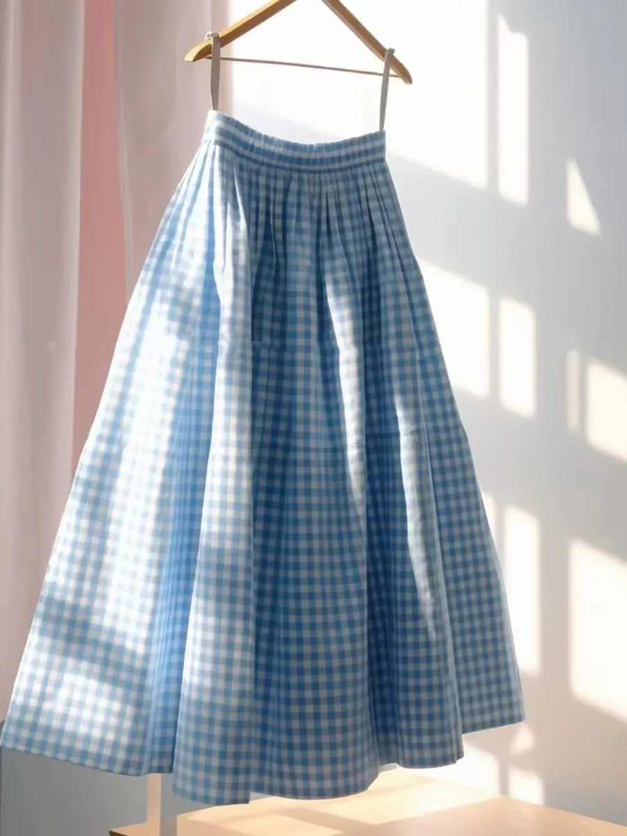 

Blue Plaid Pleated Women's Skirt Summer Fairy T Fluffy High Waist Dra Large Umbrella Skirt A-Line Long Skirt