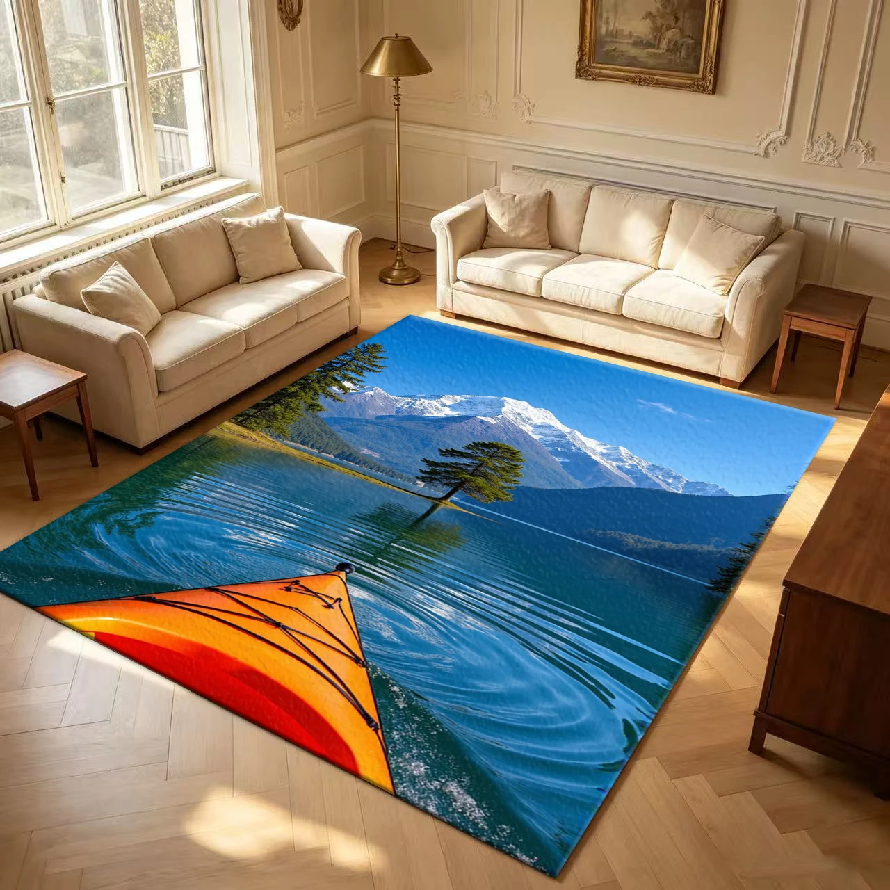 Scenic Lake Mountain Kayak Natural Landscape Carpet flooring Home Wall Canvas Print