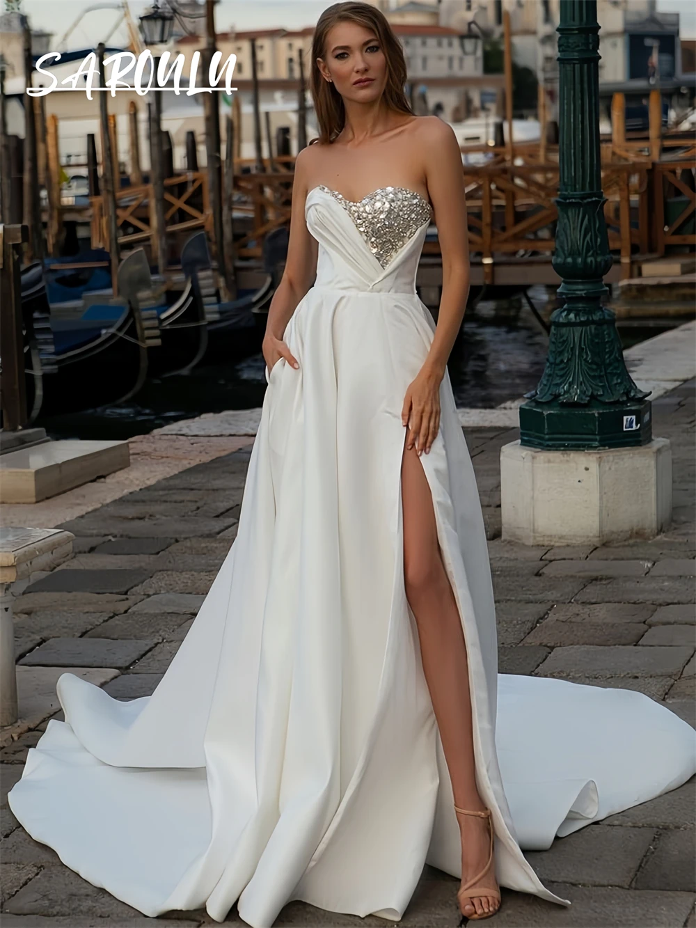 

Modern A Line Satin Wedding Dresses for Women 2025, Customized Long Bride Dresses Crystals Sexy Bridal Gown with Side Slit