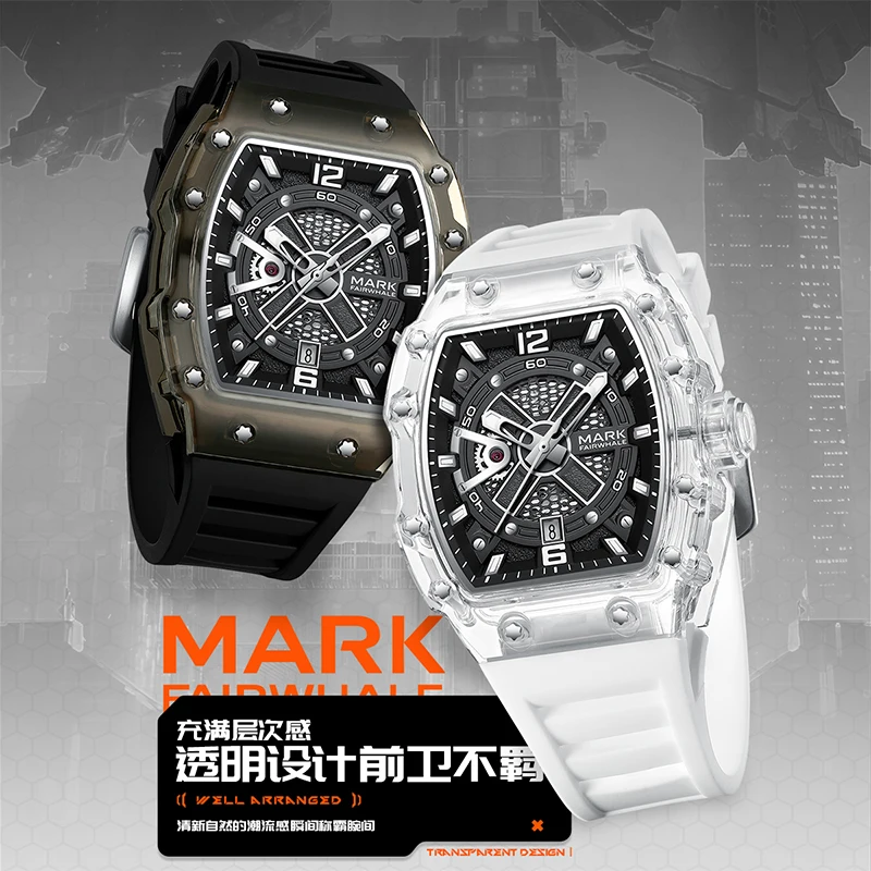 Tonneau Luxury Top Wrist Mechanical Watches Transparent Black Silicone Strap Fashion Clock