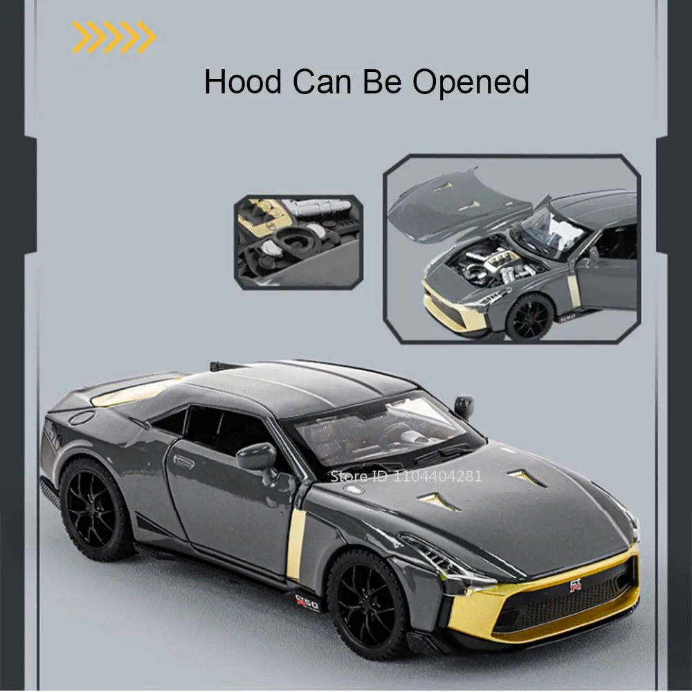 1:32 GTR50 R35 Model Diecast Alloy Car Toys Doors Opened with Sound Light Pull Back Miniature Vehices Decoration Home Collection