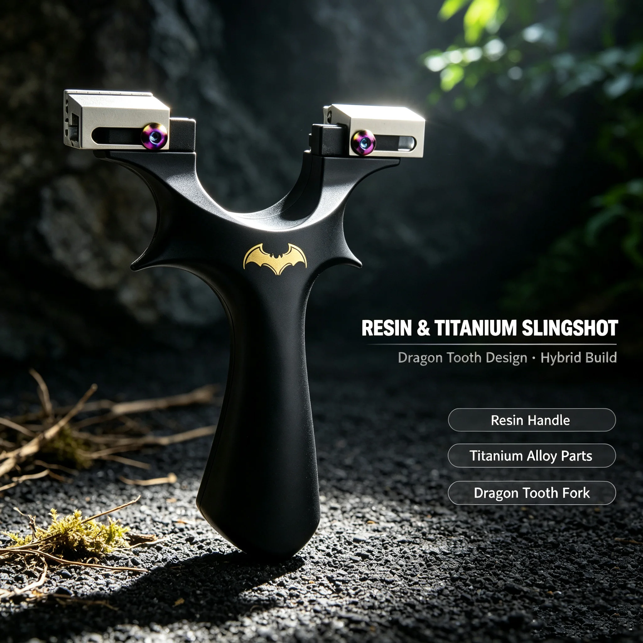 Resin & Titanium Alloy Y-Shaped Slingshot with Serrated Top Clamp & Golden Bat Graphic for Outdoor Practice