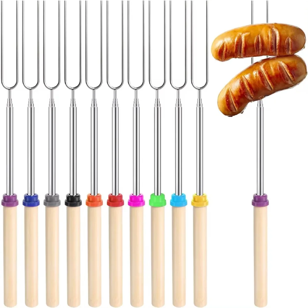 10pcs Telescoping Barbecue Fork Stainless Steel Double Metal Skewers Campfire Hot Dog Roasting Stick Smores Skewer for Camping