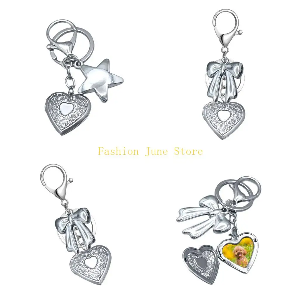 N5KA Heart Locket Keychain Silver Tone Photo Charm with Polished Metal Finish and Lobster Clasp for Bag or Carry