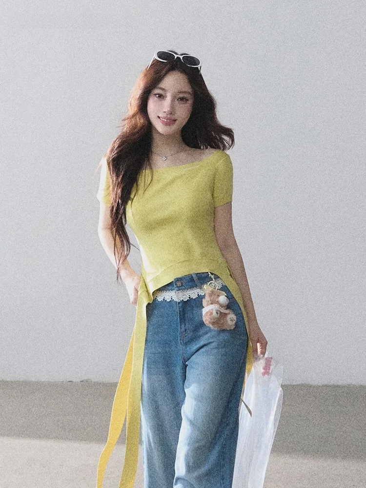

LulusMiracle Summer Thin Knitted Short Sleeve T-Shirt One-Shoulder Design Breathable Casual Women's Top Polyester Blend