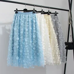 2024 Women's Spring and Autumn Wave Dot 3D Design Sheer Mesh Skirt with Retro Elastic Waist Length A-line Ballet Skirt P797