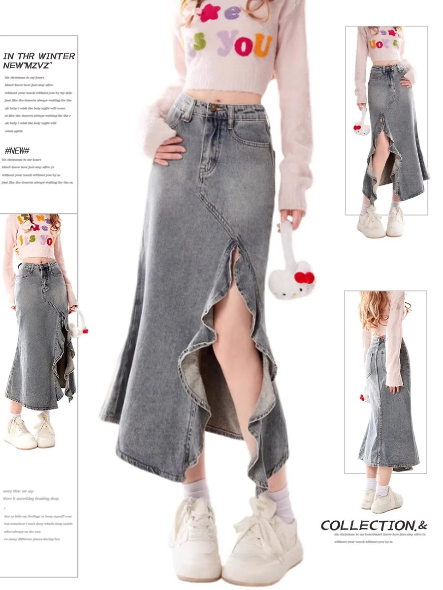 

Retro Asymmetrical Denim Skirt Women's High Waist Slimming Wave Slit Fi Tail Skirts Spring Autumn New Sle Commute