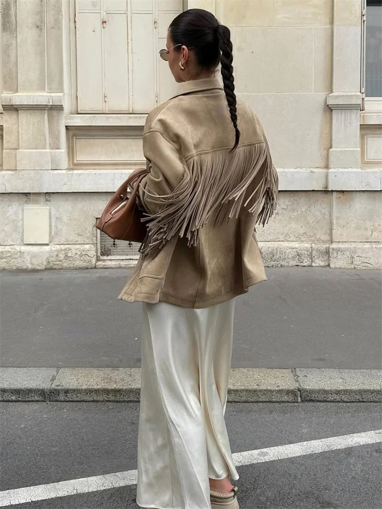 Tassel Patchwork New Jackets Women's Lapel High Waist Long Sleeve Autumn Pocket Commute Coat Female Jackets 2025