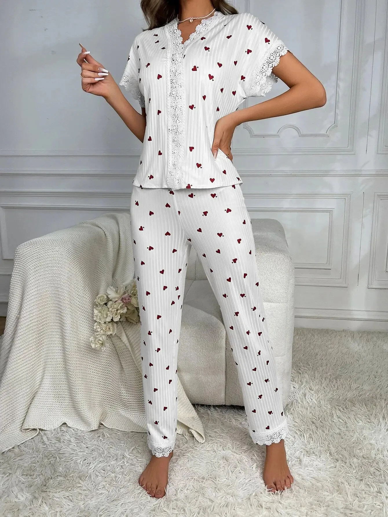 Damen-Pyjama-Set mit Spitzenbesatz, kurzärmliges Oberteil mit Knöpfen vorne und durchgehende Hose, Kirschdruck, 2-teilig, Nachtwäsche, Nachtwäsche, Homewear – Detail 11