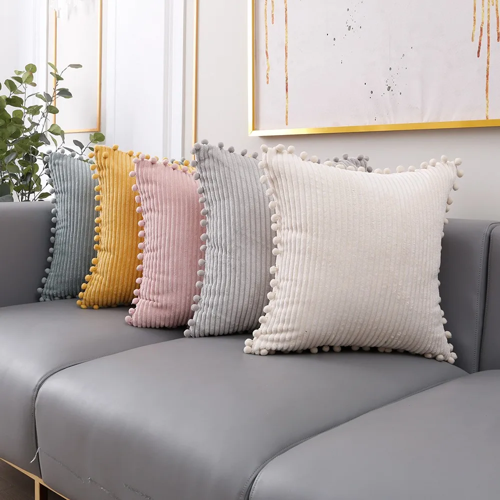 1 Pc Corduroy Decorative Throw Pillow Covers Pom-pom Soft Boho Striped Pillow Covers Modern Farmhouse Home Decor