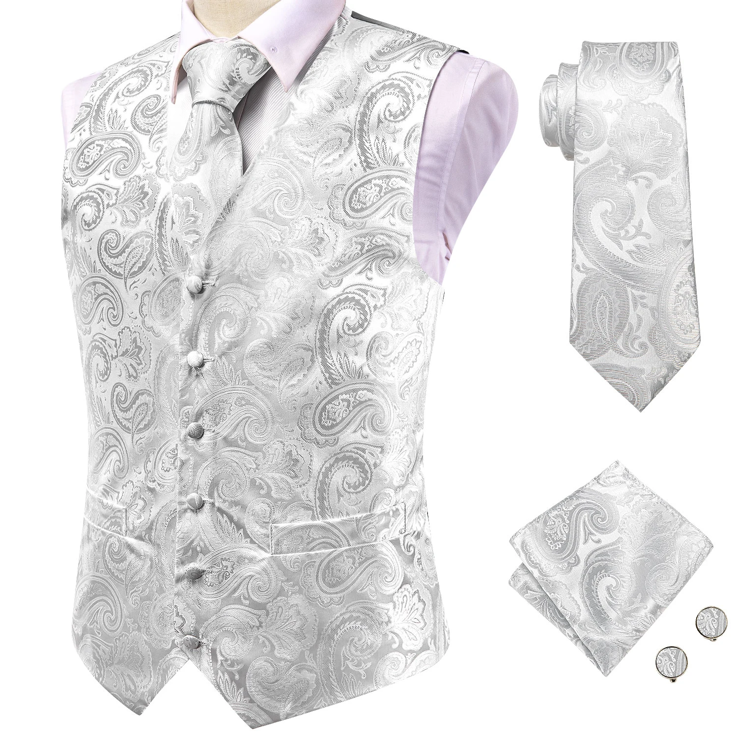 Hi-Tie Silk Mens Vests Tie Set Business Jacquard Waistcoat Jacket Necktie Hanky Cufflinks Wedding Formal Silvery Brown Red Green