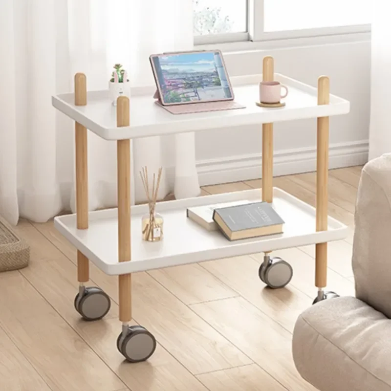 2 Layers Nordic Style Mobile Trolley With Rollers Living Room Mobile Storage Rack Trolleys Multifunction Kitchen Solid Wood Cart